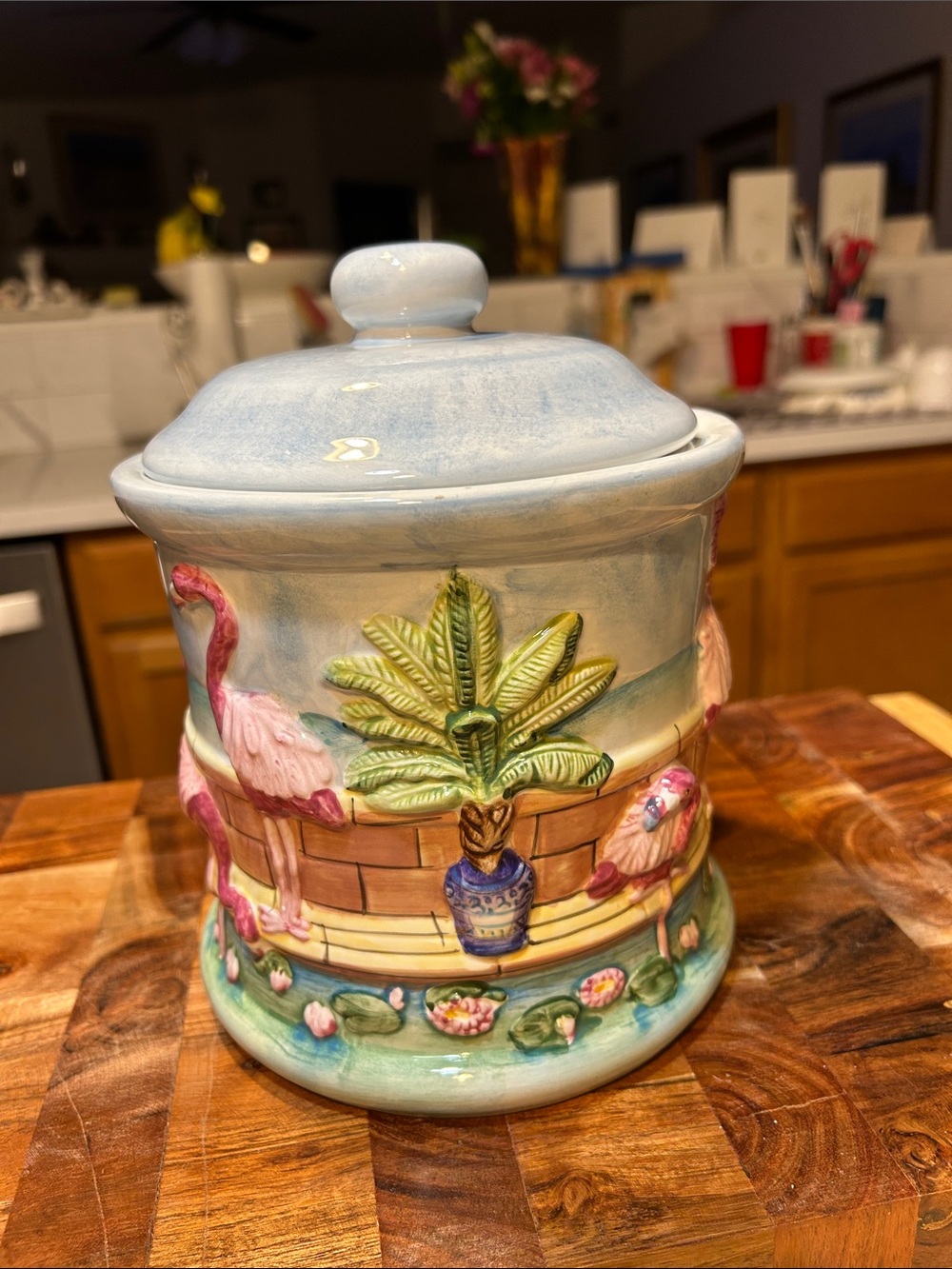 Ceramic Flamingo Canister or cookie jar- Hand-Painted Pink & Blue - Picture 12 of 12